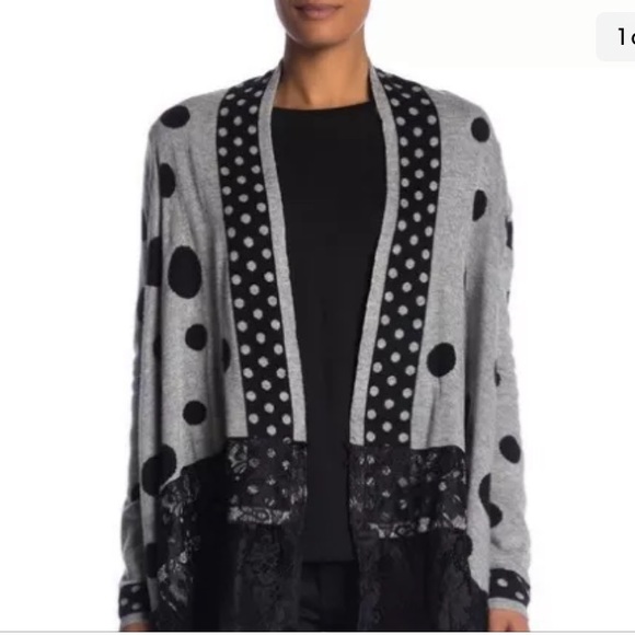 NWT Molly Bracken Polka Dot Knitted Lace Trim Open Front Cardigan One SIze - Picture 2 of 3